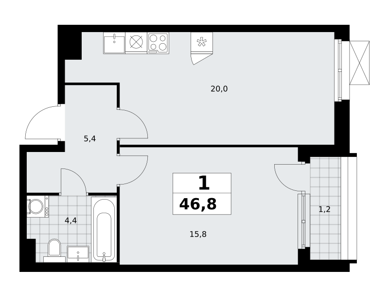 Планировка 1-комнатная квартира в ЖК "Прокшино"