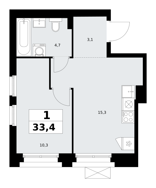 Планировка 1-комнатная квартира в ЖК "Прокшино"