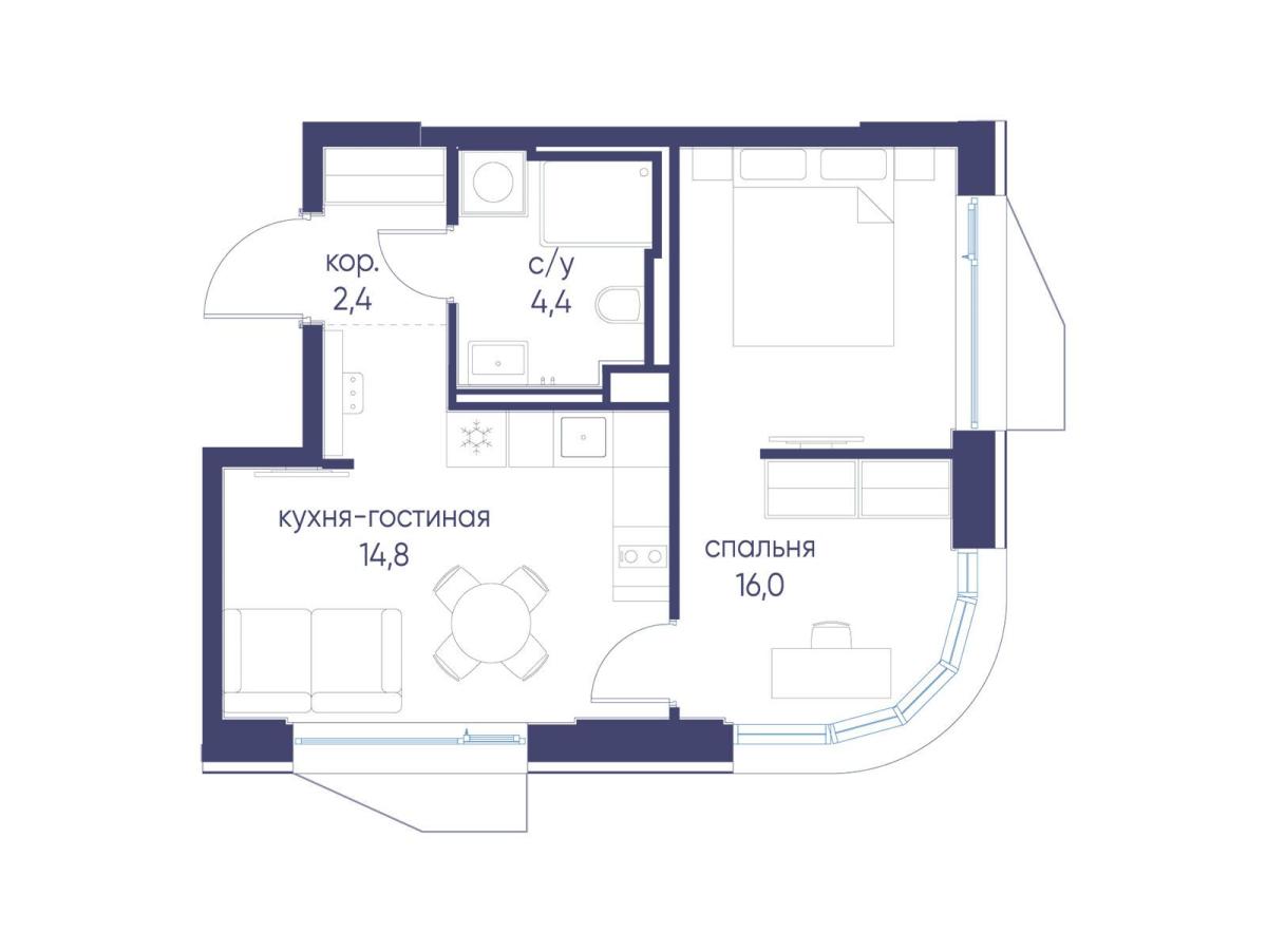 Планировка 1-комнатная квартира в ЖК "Символ"