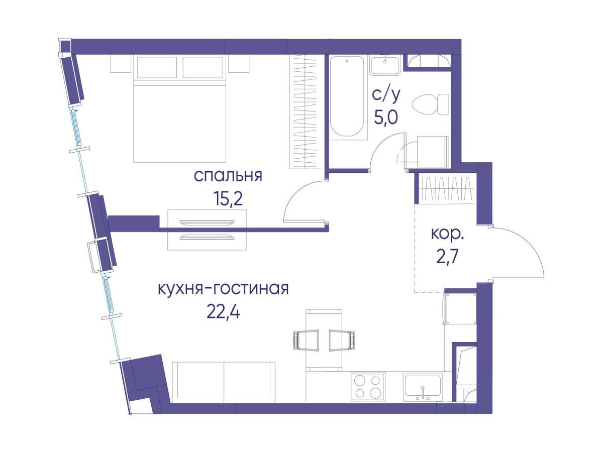 Планировка 1-комнатная квартира в ЖК "Событие"