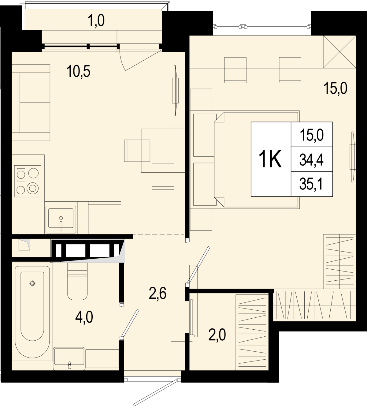 Планировка 1-комнатная квартира в ЖК "Новая Щербинка"