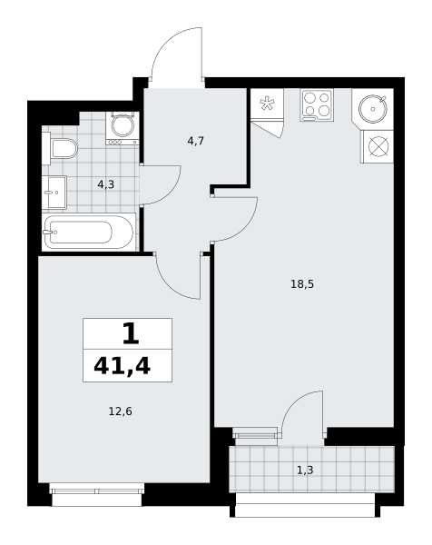 Планировка 1-комнатная квартира в ЖК "Прокшино"