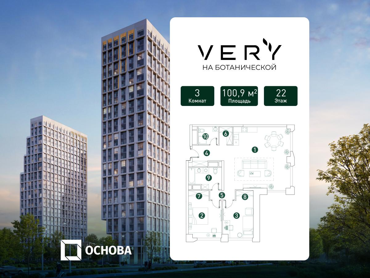 Планировка 3-комнатная квартира в ЖК "ВЭРИ" (Ботанический сад)