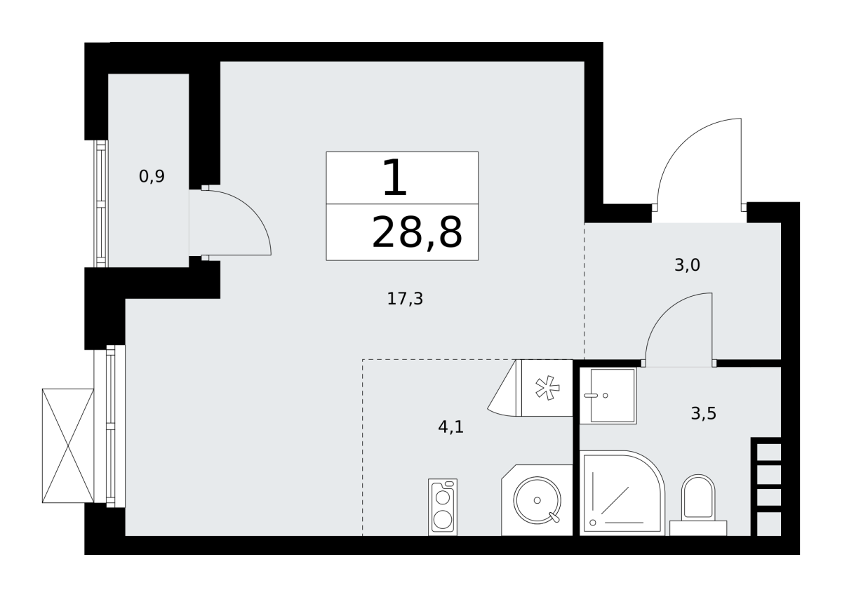 Планировка 1-комнатная квартира в ЖК "Бунинские Кварталы"