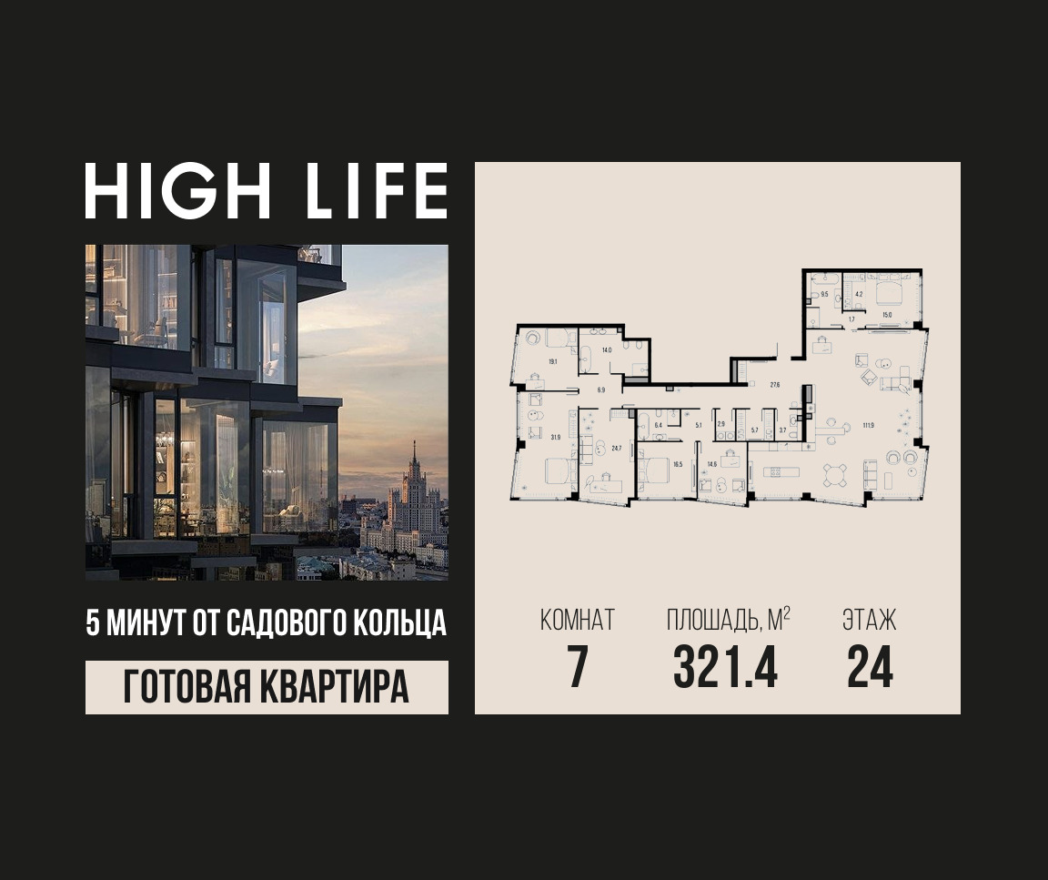 Планировка Многокомнатная квартира в ЖК "Хай Лайф" (High Life)