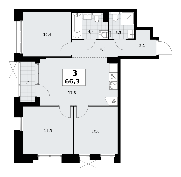Планировка 3-комнатная квартира в ЖК "Прокшино"