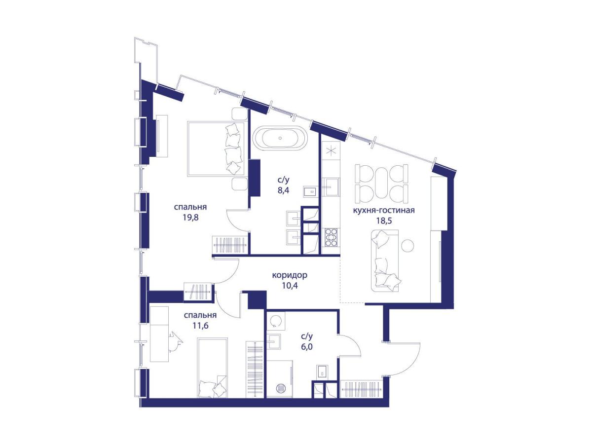 Планировка 2-комнатная квартира в ЖК "Событие"
