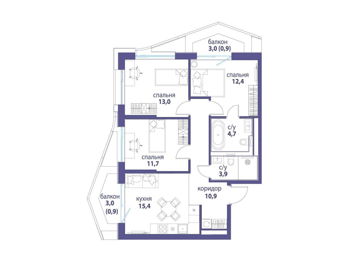 Планировка 3-комнатная квартира в ЖК "Символ"