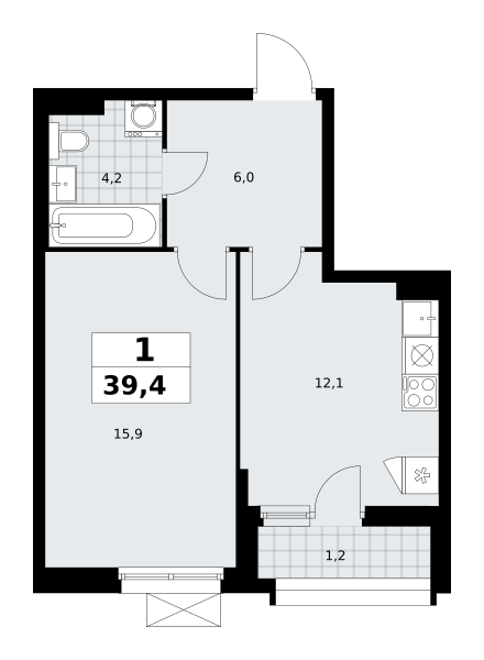 Планировка 1-комнатная квартира в ЖК "Прокшино"