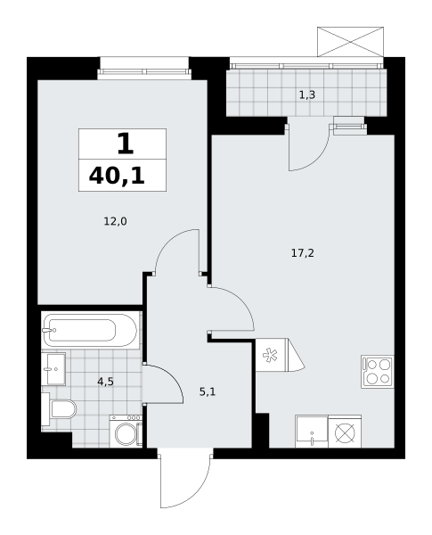 Планировка 1-комнатная квартира в ЖК "Прокшино"