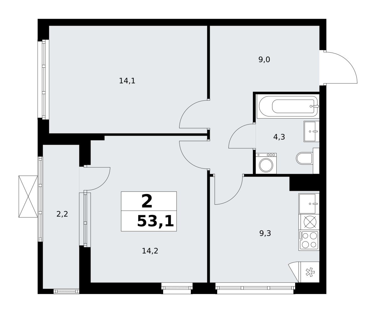 Планировка 2-комнатная квартира в ЖК "Бунинские Кварталы"