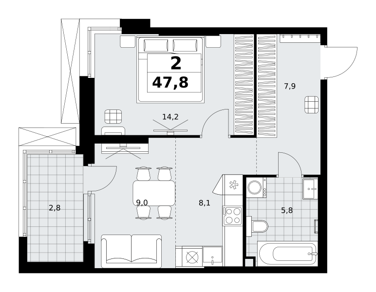 Планировка 2-комнатная квартира в ЖК "Дзен-кварталы"