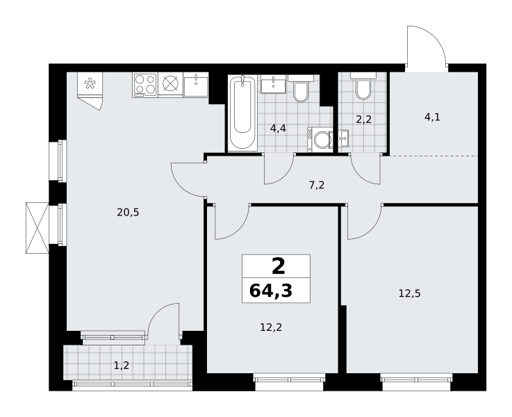 Планировка 2-комнатная квартира в ЖК "Прокшино"