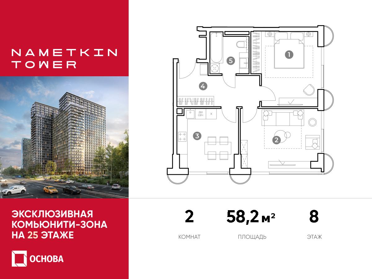 Планировка 2-комнатная квартира в ЖК Nametkin Tower (Наметкин Тауэр)