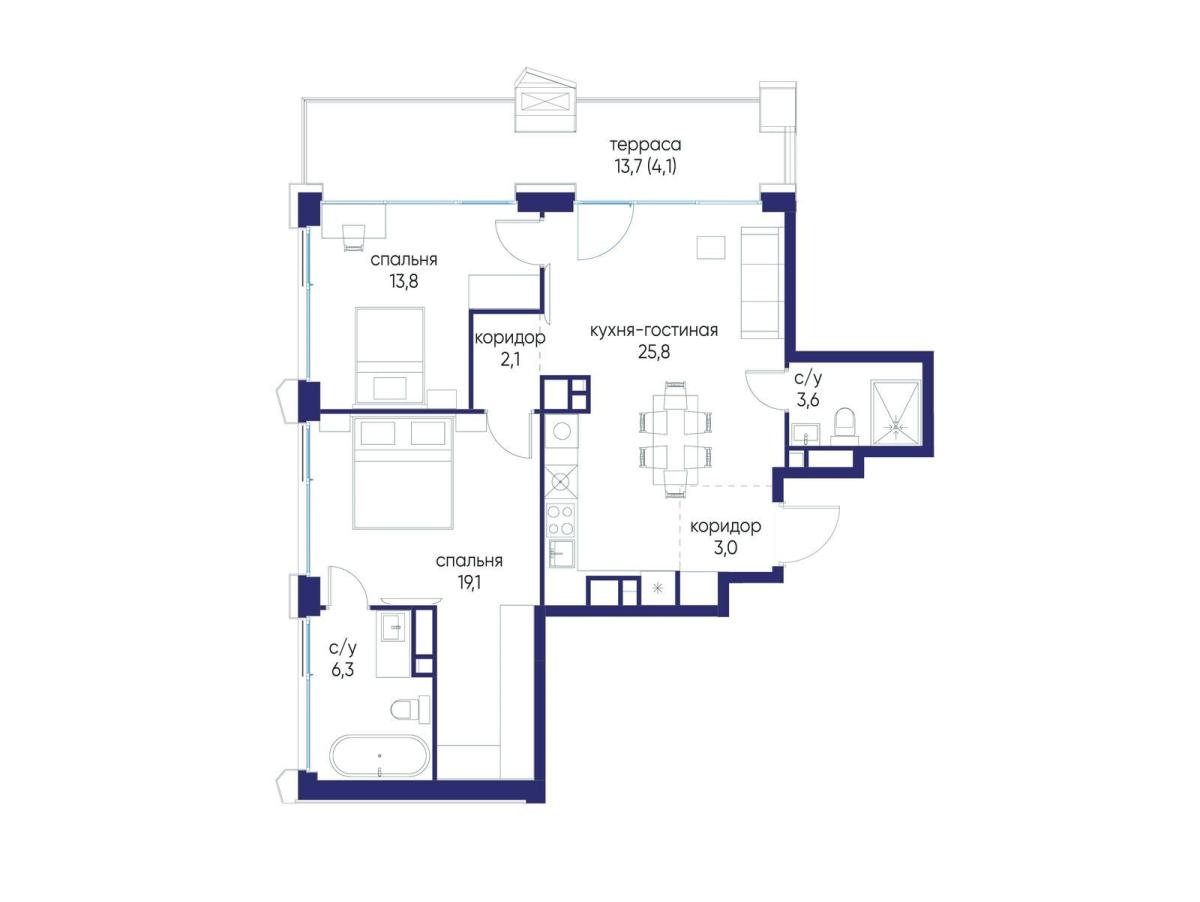 Планировка 2-комнатная квартира в ЖК "Остров"