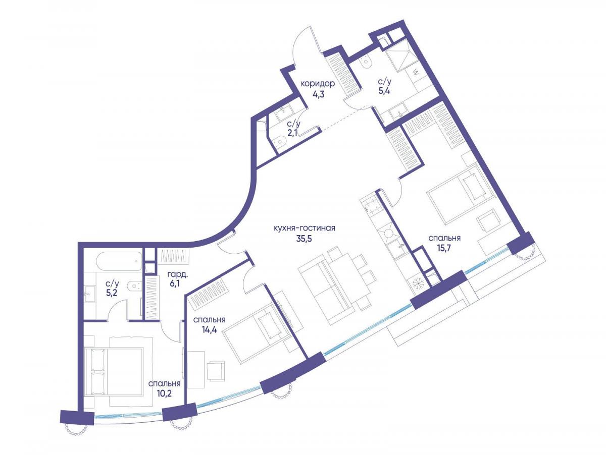 Планировка 3-комнатная квартира в ЖК "Остров"