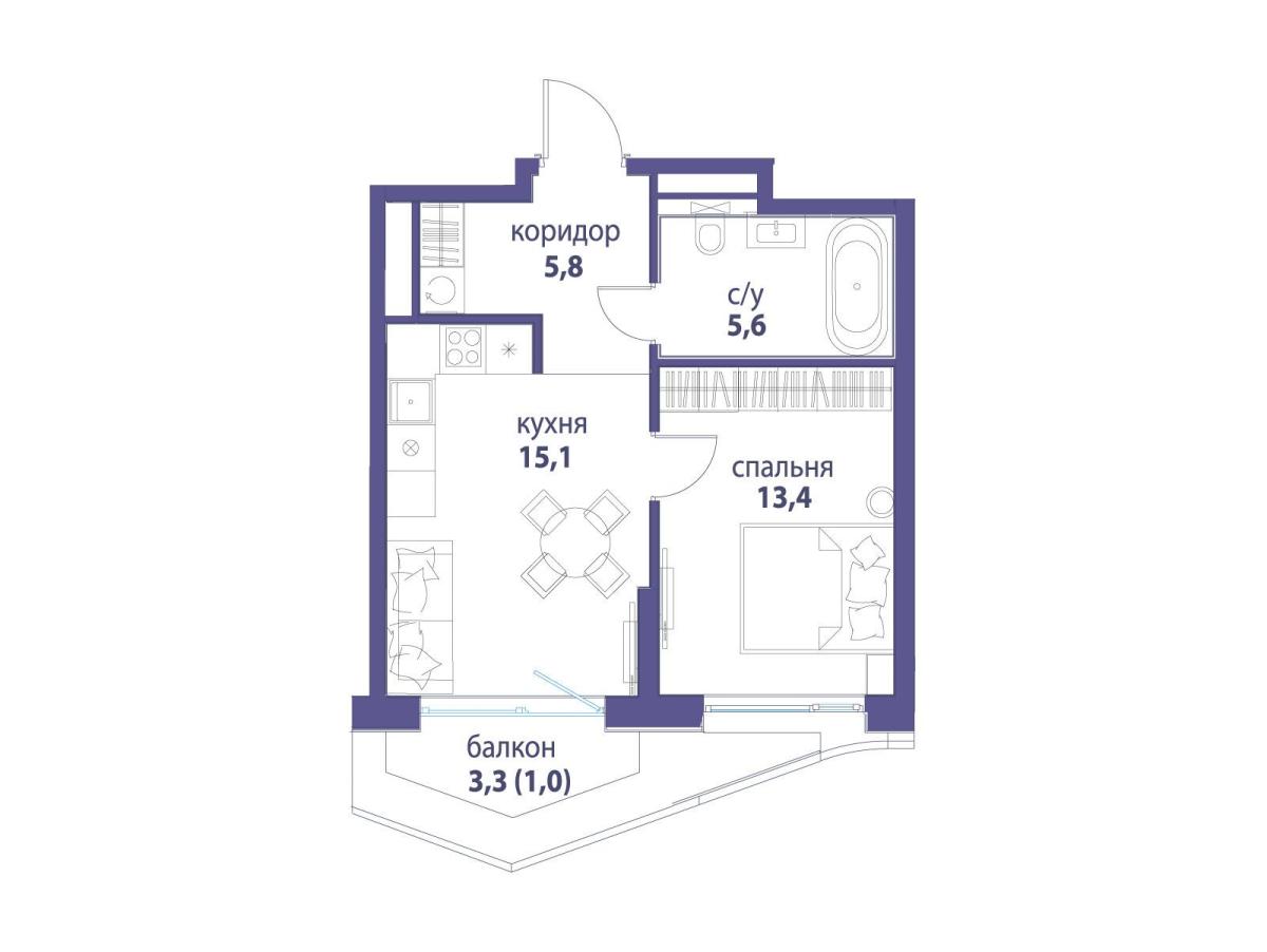 Планировка 1-комнатная квартира в ЖК "Символ"