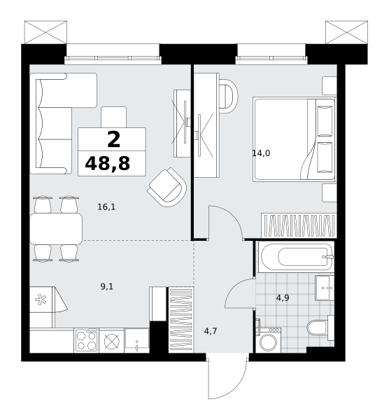 Планировка 2-комнатная квартира в ЖК "Дзен-кварталы"
