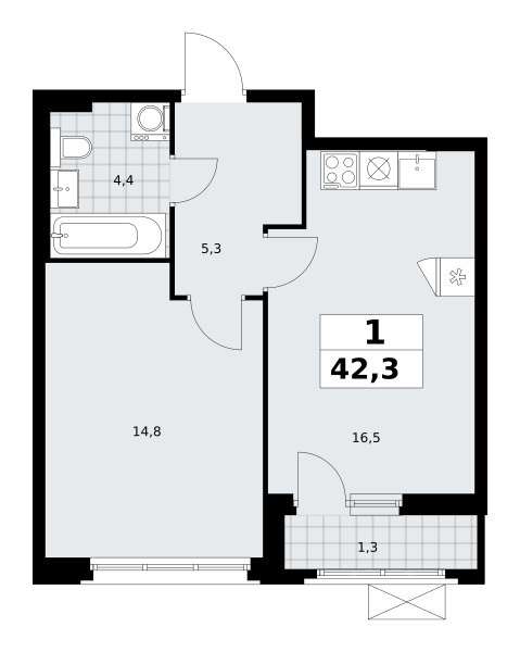 Планировка 1-комнатная квартира в ЖК "Прокшино"