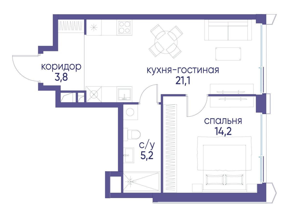 Планировка 1-комнатная квартира в ЖК "Остров"