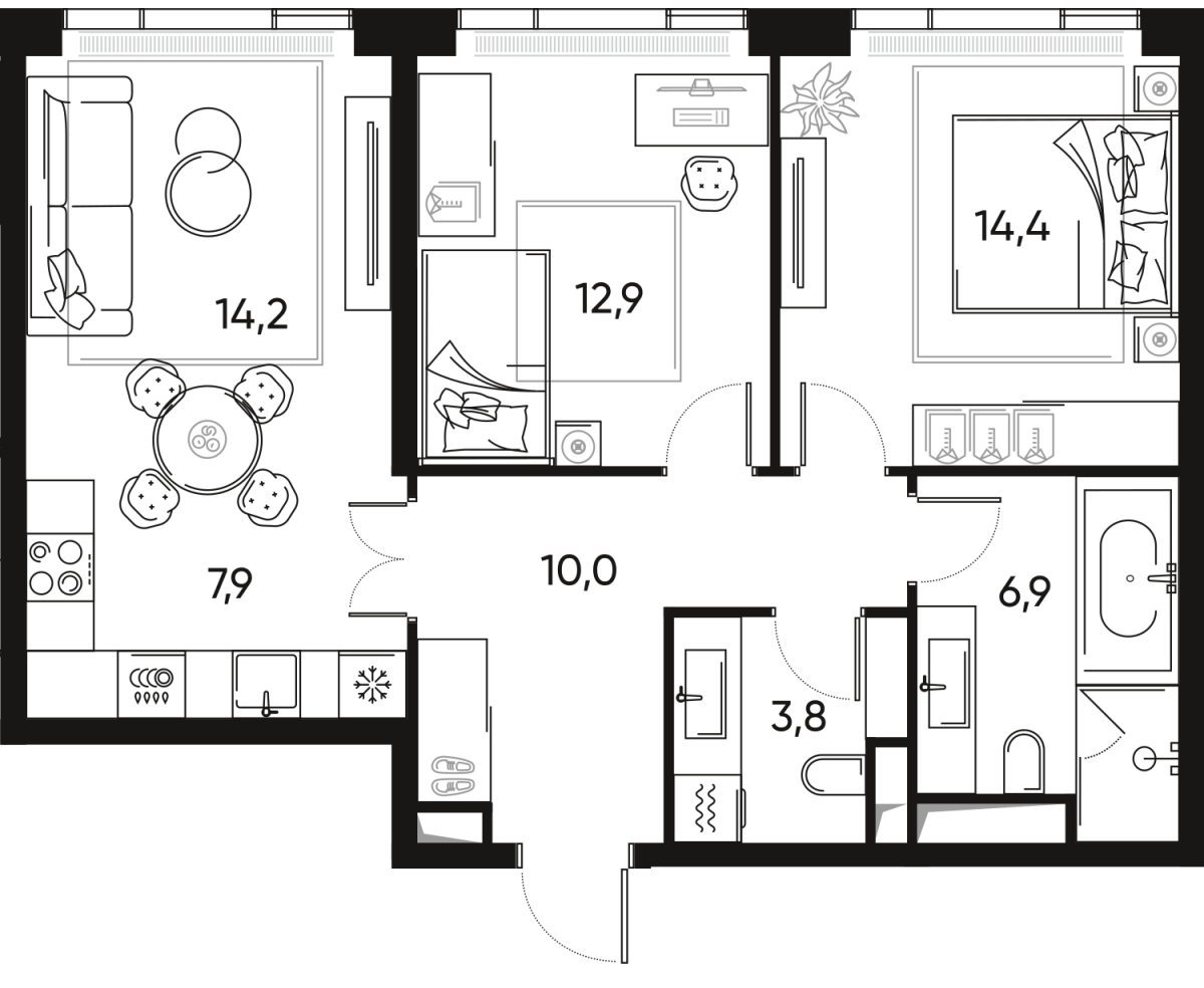 Планировка 3-комнатная квартира в ЖК "ПРАЙД" (Pride)