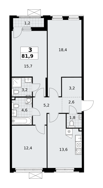 Планировка 3-комнатная квартира в ЖК "Прокшино"
