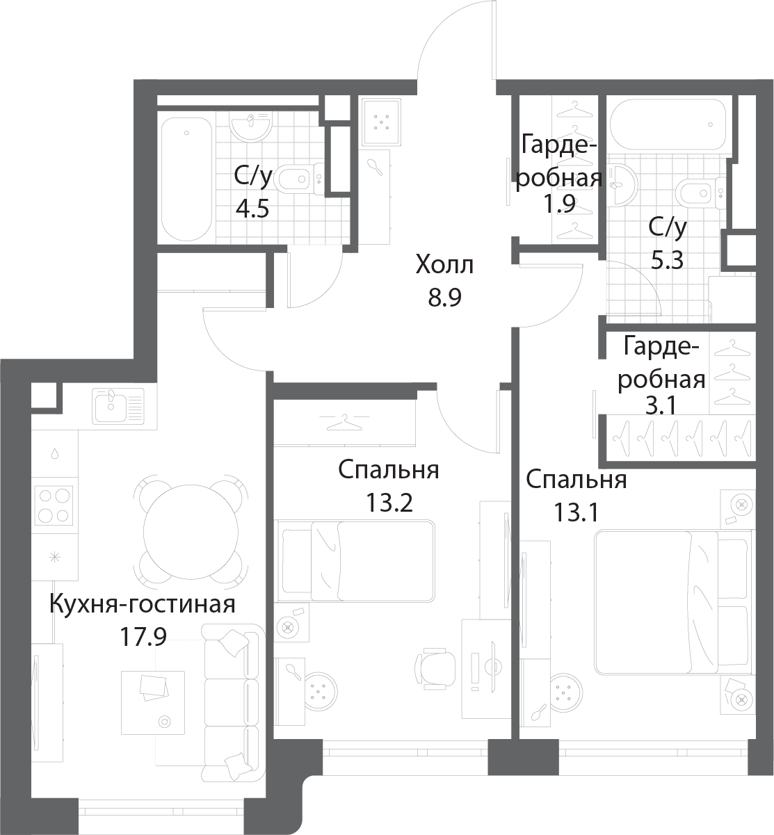 Планировка 2-комнатная квартира в ЖК Nagatino i-Land (Нагатино ай-лэнд)