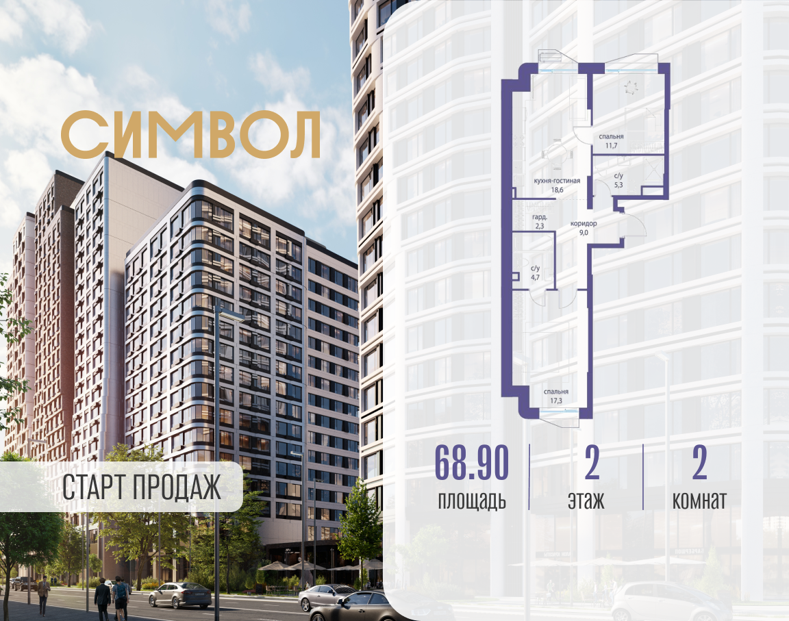 Планировка 2-комнатная квартира в ЖК "Символ"