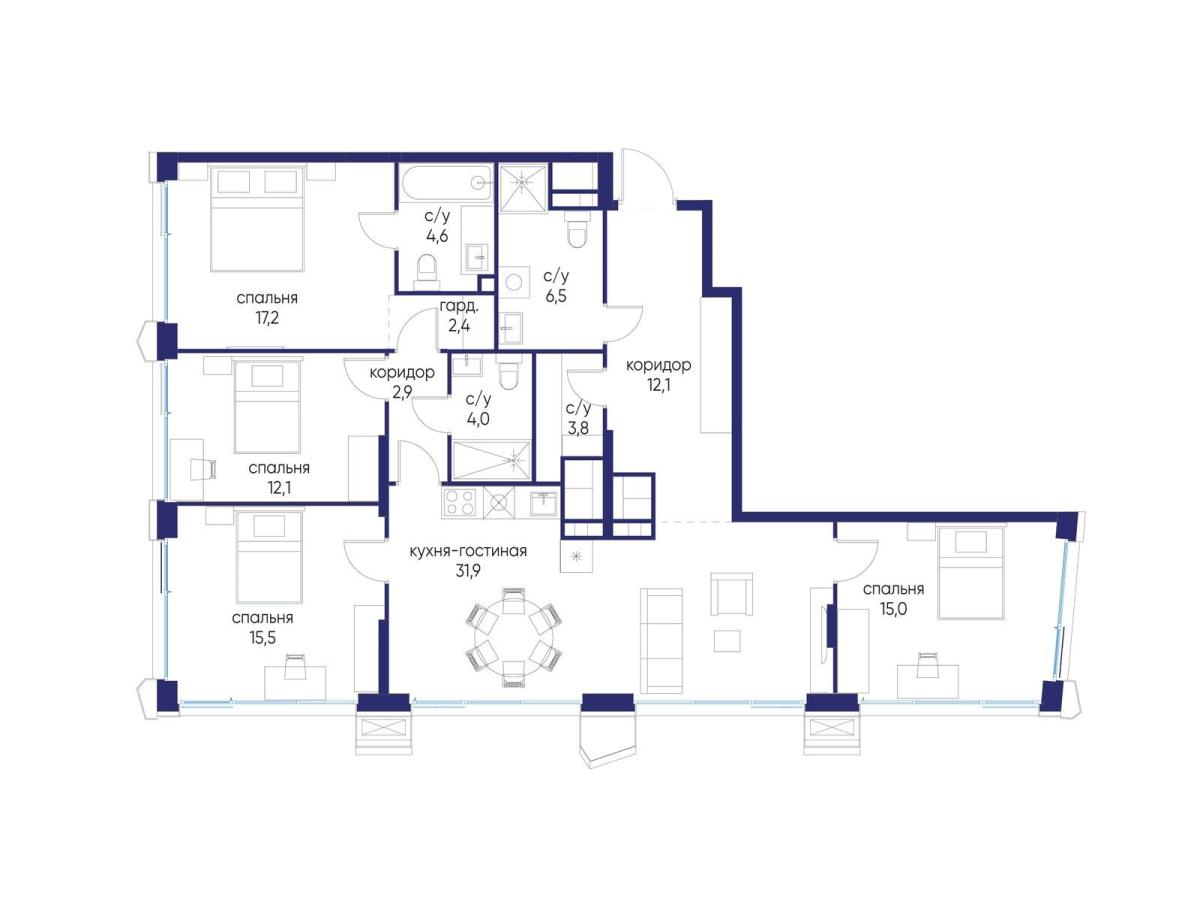 Планировка 4-комнатная квартира в ЖК "Остров"