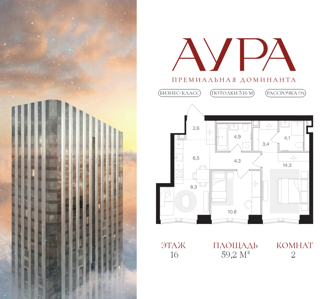 Планировка 2-комнатная квартира в ЖК "АУРА" (Мангазея на Тульской)