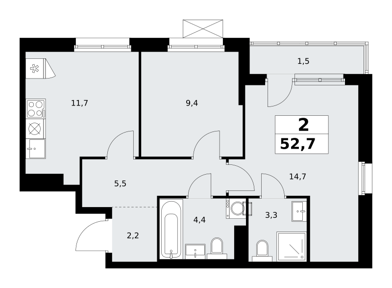 Планировка 2-комнатная квартира в ЖК "Прокшино"