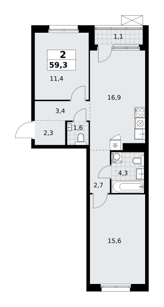Планировка 2-комнатная квартира в ЖК "Прокшино"