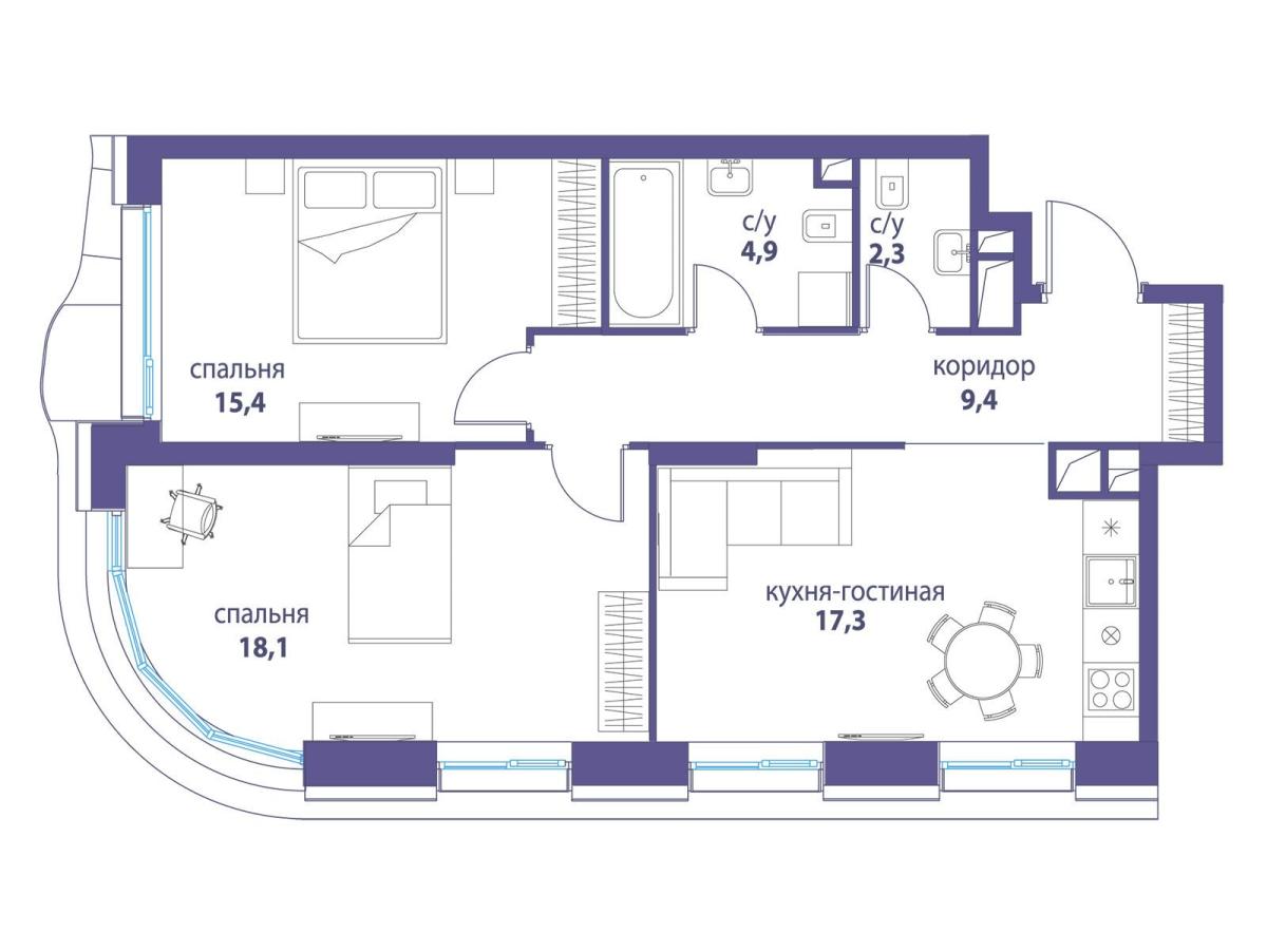 Планировка 2-комнатная квартира в ЖК "Символ"