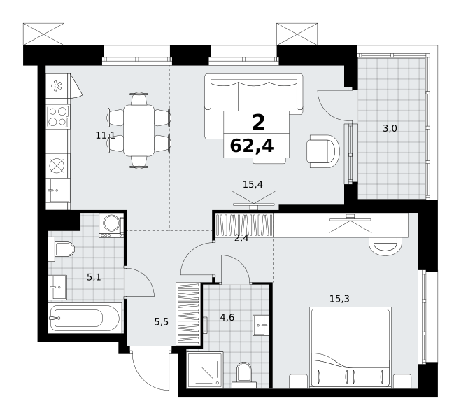 Планировка 2-комнатная квартира в ЖК "Дзен-кварталы"