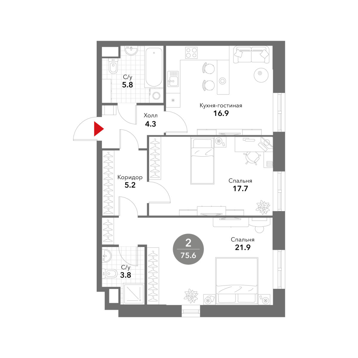 Планировка 2-комнатная квартира в ЖК Voxhall (Воксхолл)