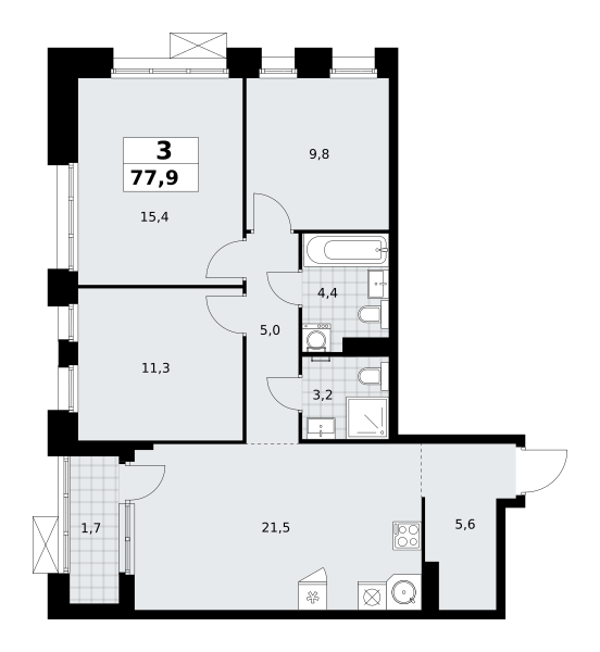Планировка 3-комнатная квартира в ЖК "Прокшино"