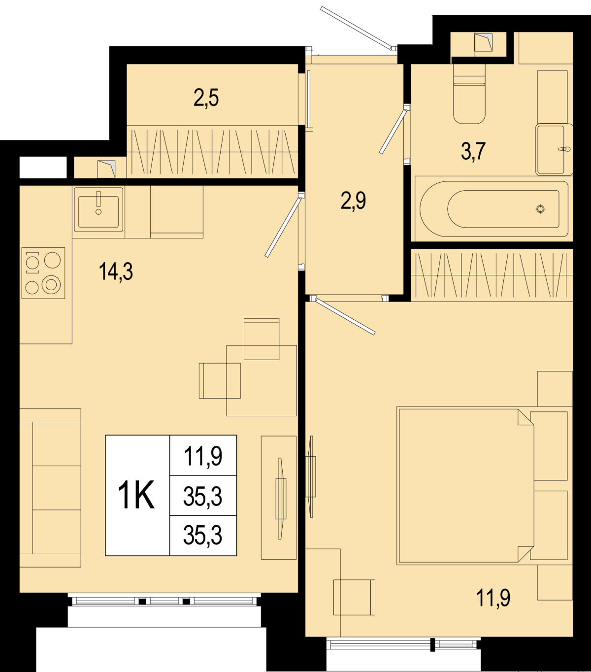 Планировка 1-комнатная квартира в ЖК "Новая Щербинка"