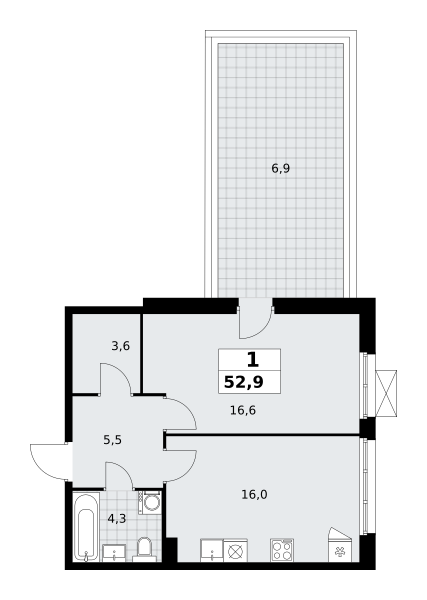 Планировка 1-комнатная квартира в ЖК "Прокшино"