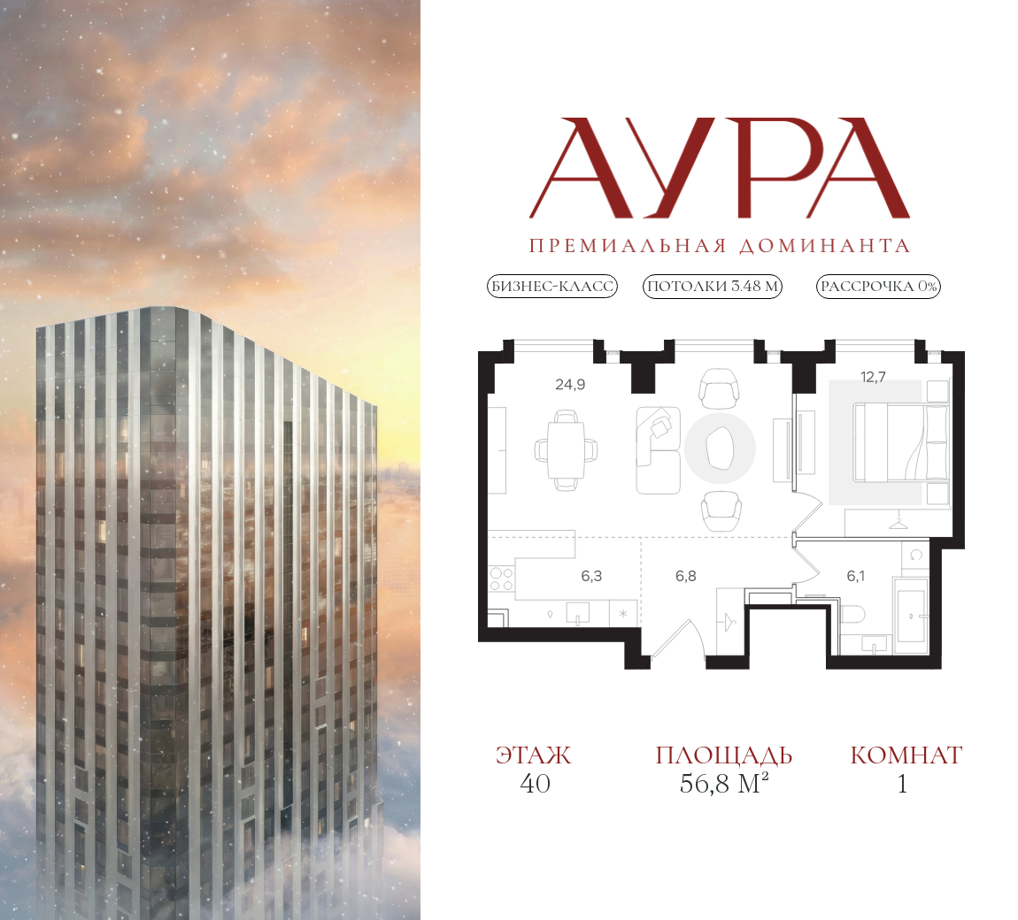 Планировка 1-комнатная квартира в ЖК "АУРА" (Мангазея на Тульской)