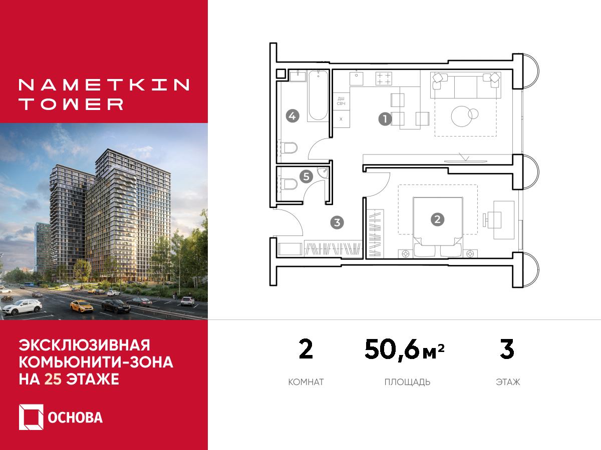 Планировка 2-комнатная квартира в ЖК Nametkin Tower (Наметкин Тауэр)