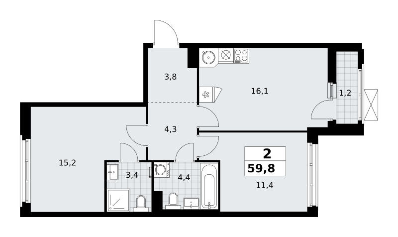 Планировка 2-комнатная квартира в ЖК "Прокшино"
