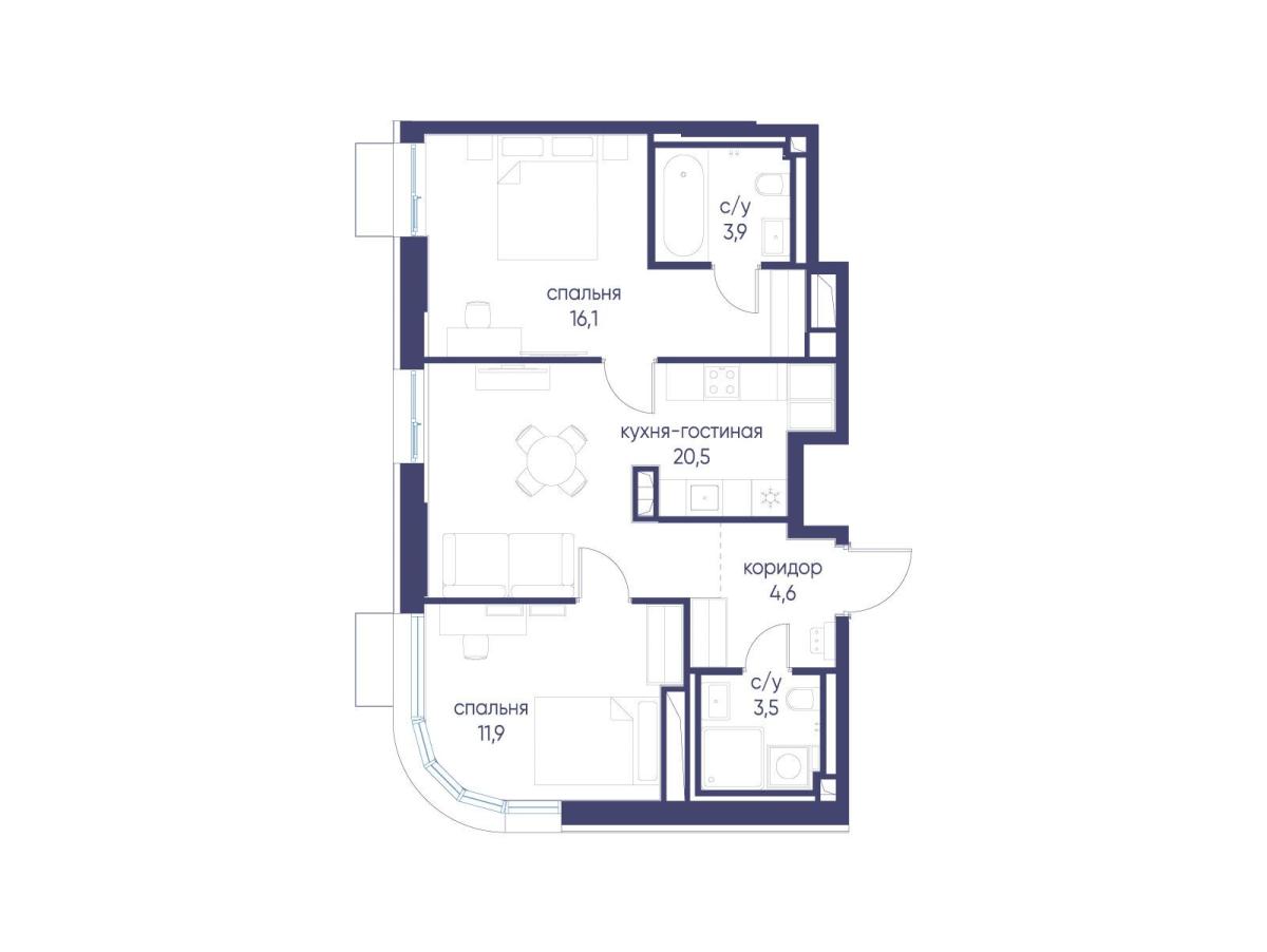 Планировка 2-комнатная квартира в ЖК "Символ"