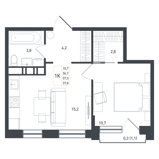 Планировка 1-комнатная квартира в ЖК "Новая Щербинка"