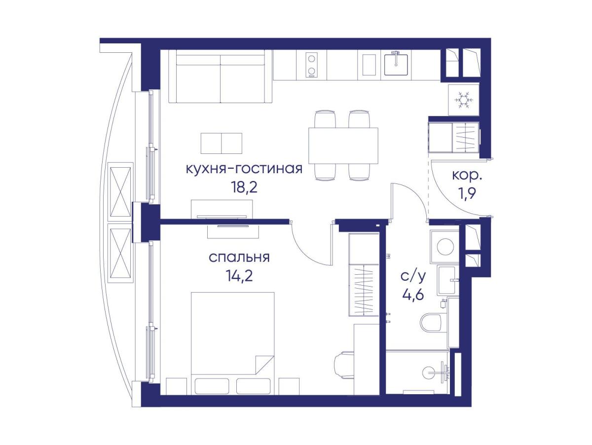 Планировка 1-комнатная квартира в ЖК "Остров"