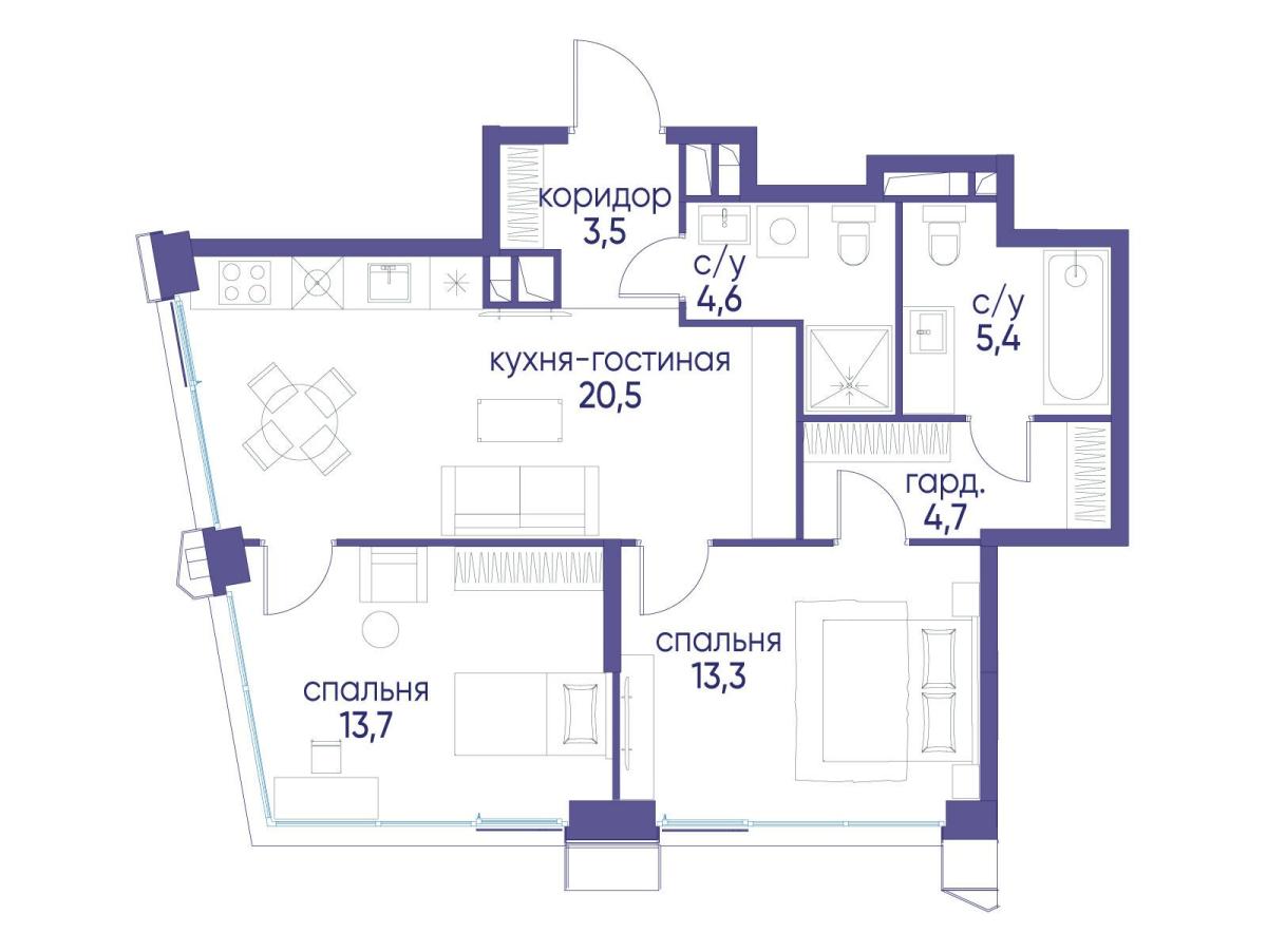 Планировка 2-комнатная квартира в ЖК "Остров"