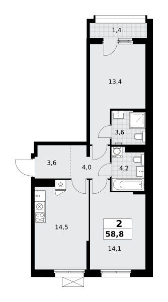 Планировка 2-комнатная квартира в ЖК "Прокшино"