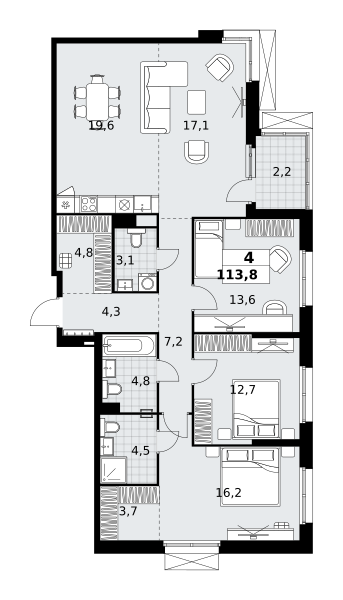 Планировка 4-комнатная квартира в ЖК "Дзен-кварталы"