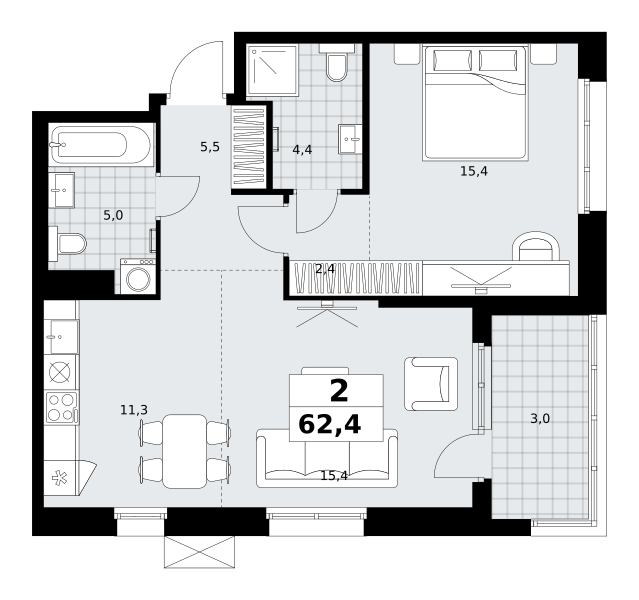 Планировка 2-комнатная квартира в ЖК "Дзен-кварталы"