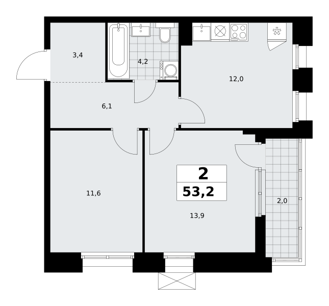 Планировка 2-комнатная квартира в ЖК "Прокшино"