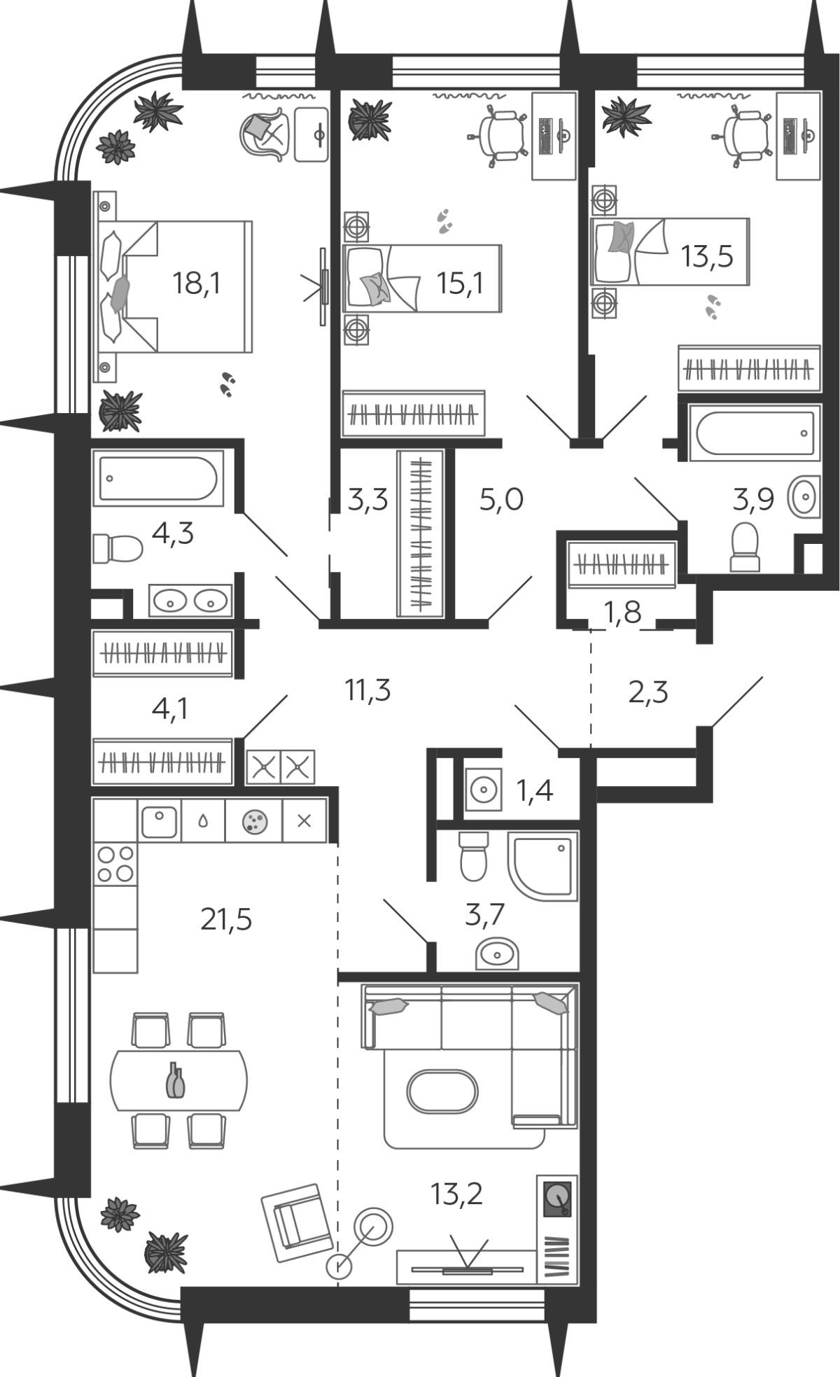 Планировка 4-комнатная квартира в ЖК Shagal (Шагал)